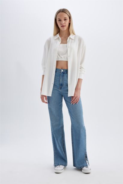 Oversize Fit Shirt Collar Crinkle Viscose Long Sleeve Shirt