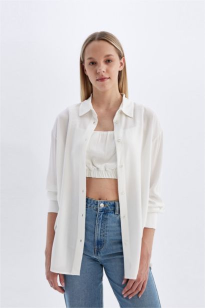 Oversize Fit Shirt Collar Crinkle Viscose Long Sleeve Shirt