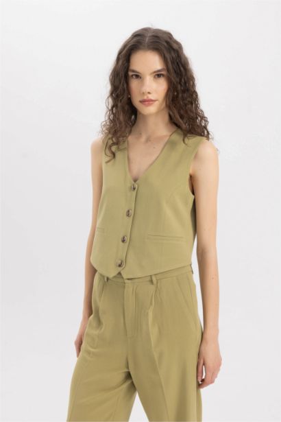 V-Neck Linen Blend Blazer Vest