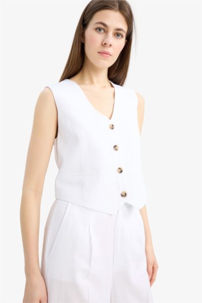 V Yaka Keten Karışımlı Beyaz Blazer Yelek