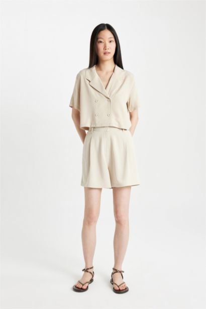 High Waist Cropped Linen Blend Shorts