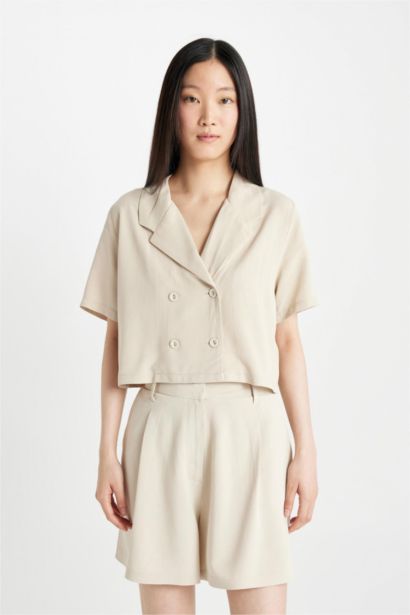 شورت قصير بخصر عالي ممزوج بالكتان