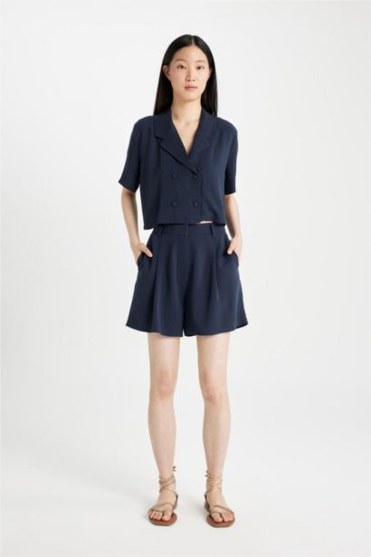 High Waist Cropped Linen Blend Shorts