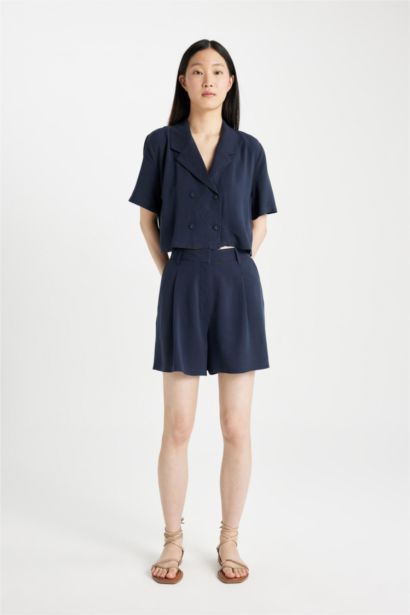 High Waist Cropped Linen Blend Shorts