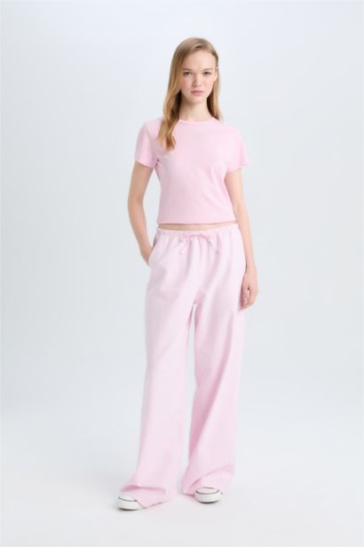 Regular Fit Bisiklet Yaka Basic Düz Kısa Kollu Pembe Tişört