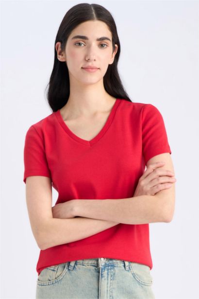 T-shirt basique slim en maille côtelée à col en V et manches courtes