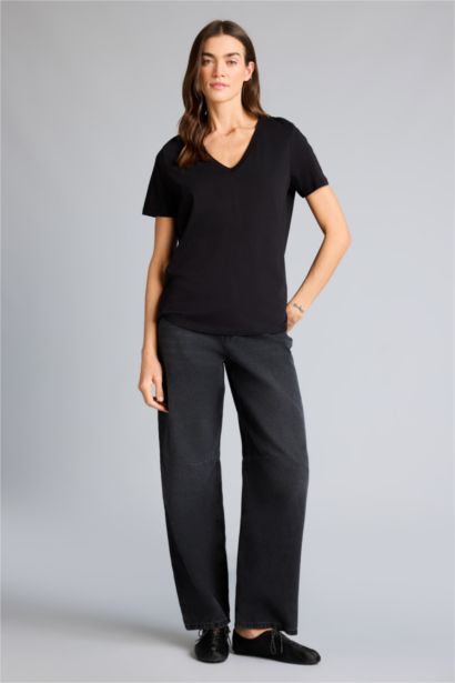 Slim Fit V-Neck Basic Ribbed Short Sleeve T-shirt