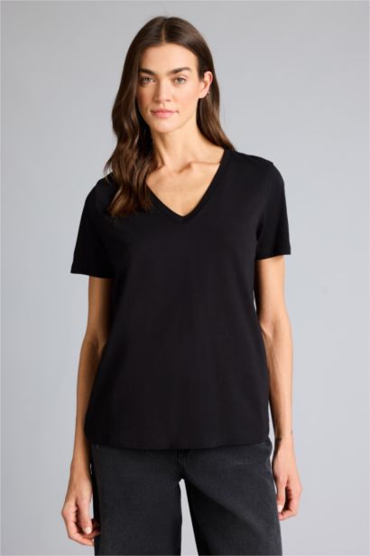 Slim Fit V-Neck Basic Ribbed Short Sleeve T-shirt