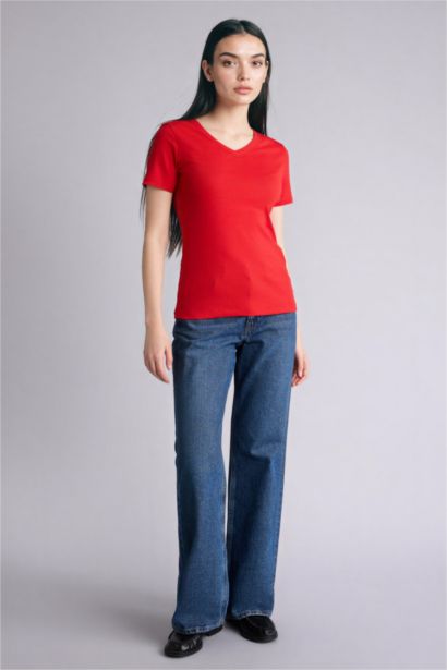 Slim Fit V-Neck Basic Ribbed Short Sleeve T-Shirt