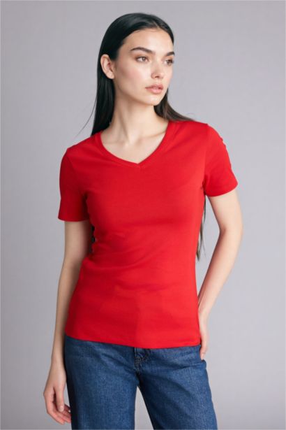 Slim Fit V-Neck Basic Ribbed Short Sleeve T-Shirt