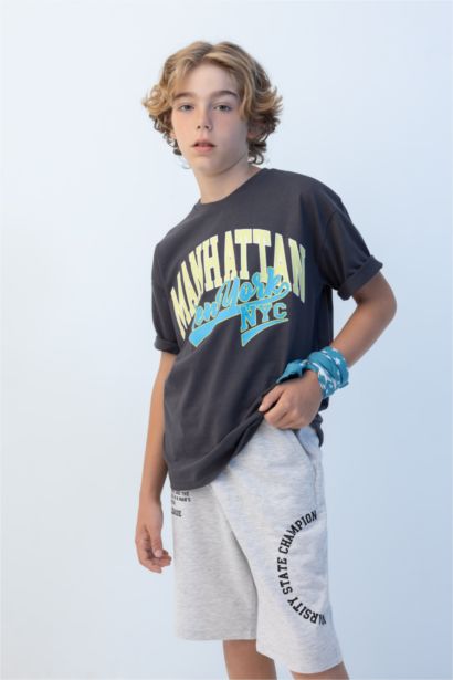 Oversize Geniş Kalıp Bisiklet Yaka Baskılı Kısa Kollu Tişört Erkek Çocuk