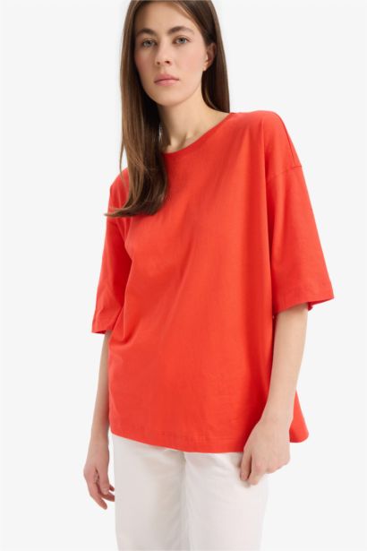 تيشيرت نص كم بيزك سادة اوفر سايز وياقة مستديرة