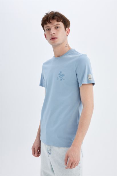 %100 Pamuk Slim Fit Dar Kesim Bisiklet Yaka Baskılı Kısa Kollu Tişört