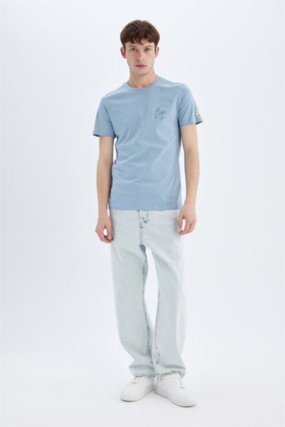 %100 Pamuk Slim Fit Dar Kesim Bisiklet Yaka Baskılı Kısa Kollu Tişört