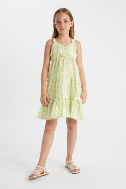 فستان بناتي كاروهات أخضر بحمالات