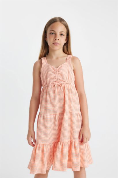 Girl Checkered Wrapped Strap Dress