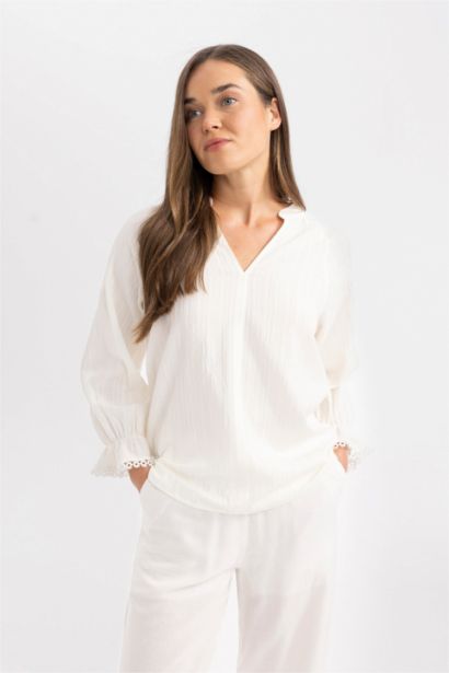 Oversize Fit V-Neck Long Sleeve Blouse