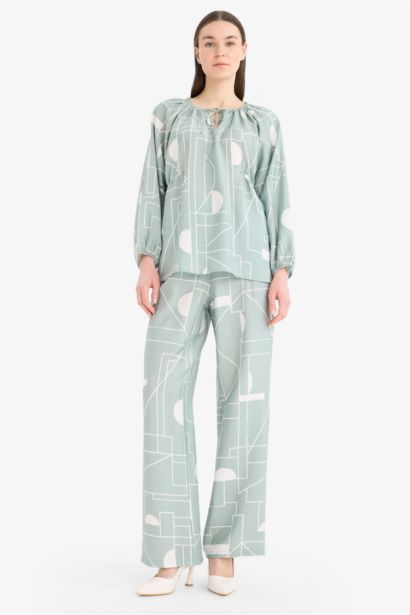 Wide Leg Patterned High Waist Comfort Trousers