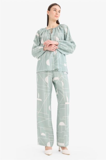Wide Leg Patterned High Waist Comfort Trousers