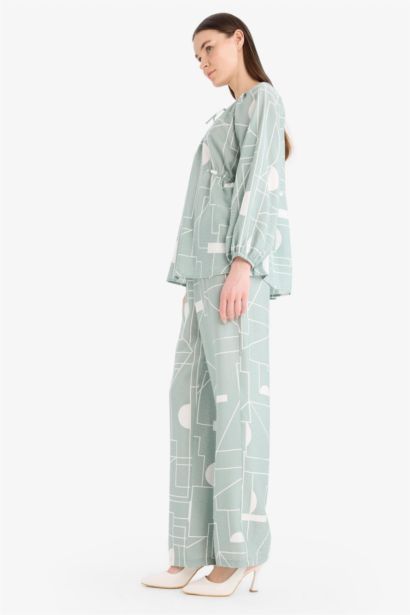 Wide Leg Patterned High Waist Comfort Trousers