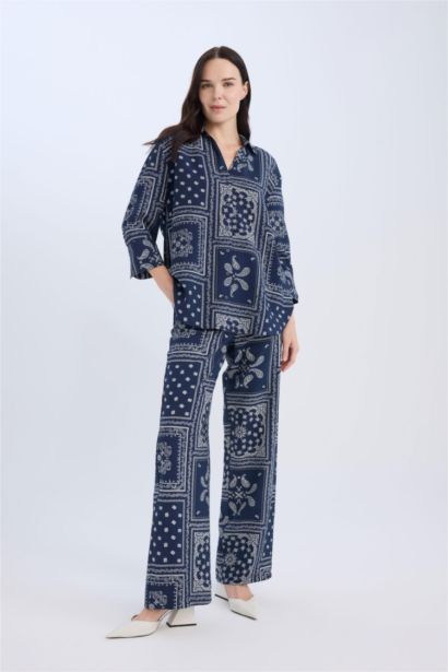Wide Leg Patterned High Waist Comfort Trousers
