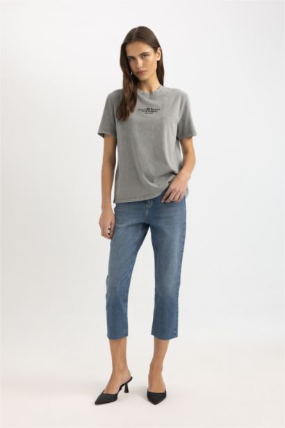 Regular Fit Crew Neck Printed Washed Faded Effect T-Shirt