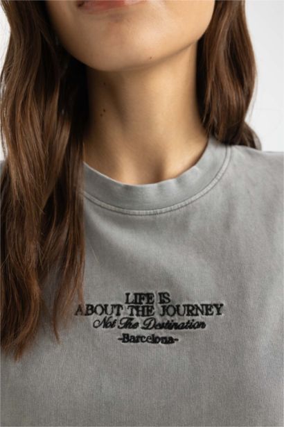 Regular Fit Crew Neck Printed Washed Faded Effect T-Shirt