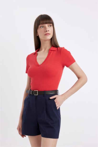 Slim Fit Dar Kesim Fitilli Kaşkorse Kısa Kollu Polo Tişört