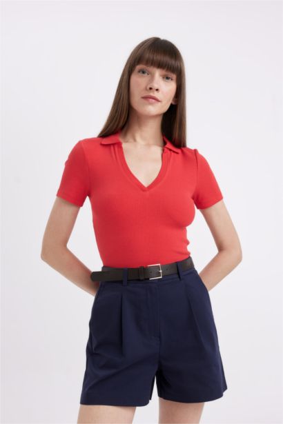 Slim Fit Dar Kesim Fitilli Kaşkorse Kısa Kollu Polo Tişört