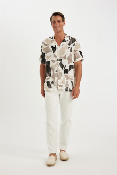 Relax Fit Polo Collar Patterned Short Sleeve Shirt