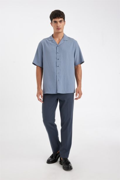 قميص نص كم مجعد قصة مريحة بياقة بولو