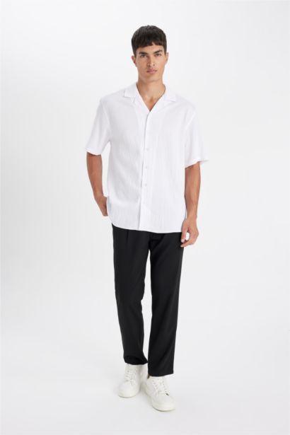 White Relax Fit Casual Cut Polo Collar Crinkle Shirt