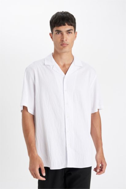 White Relax Fit Casual Cut Polo Collar Crinkle Shirt