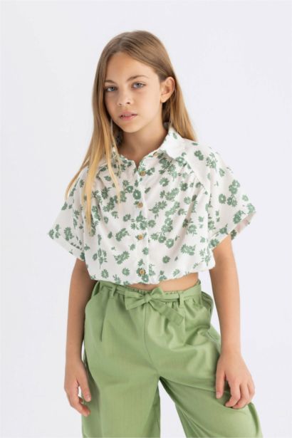 Girl Cotton Floral Short Sleeve Crop Shirt