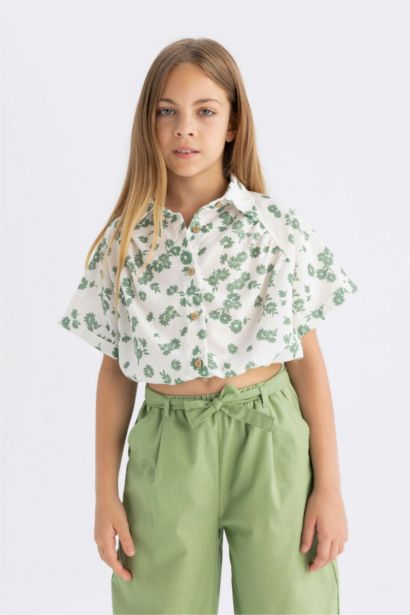 Girl Cotton Floral Short Sleeve Crop Shirt