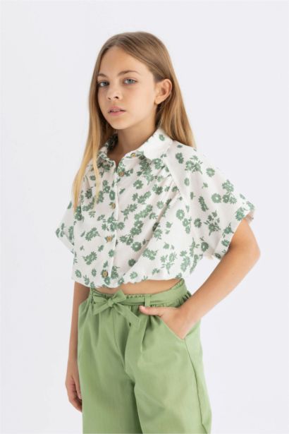 Girl Cotton Floral Short Sleeve Crop Shirt