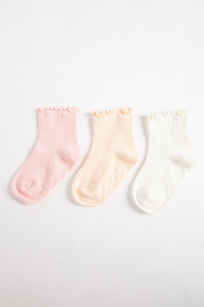 Dikişsiz 3'lü Pamuklu Uzun Çorap Kız Bebek