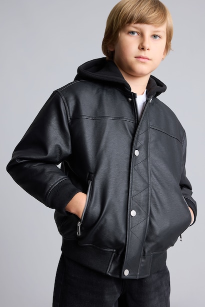 Boy Bomber Collar Plush Faux Leather Jacket