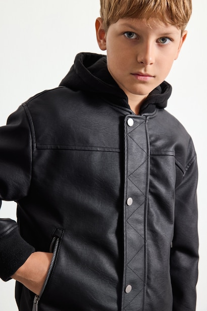 Boy Water-Repellent Detachable Hood Plush Lining Bomber Jacket