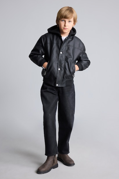 Boy Bomber Collar Plush Faux Leather Jacket