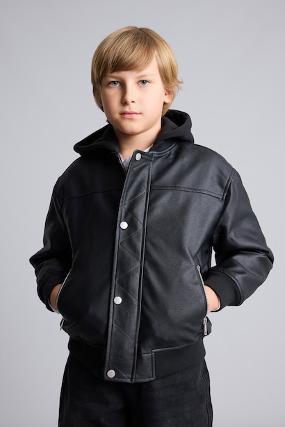 Boy Bomber Collar Plush Faux Leather Jacket