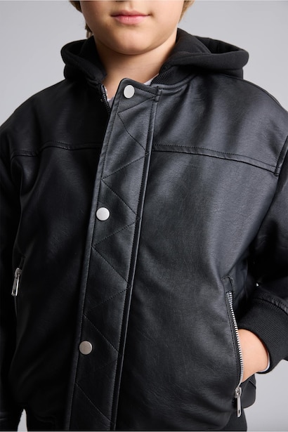 Boy Bomber Collar Plush Faux Leather Jacket