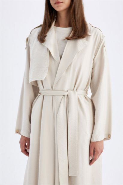 Oversize Geniş Kalıp Mevsimlik Uzun Trençkot Kruvaze Kapamalı Cepli Apoletli Kemerli