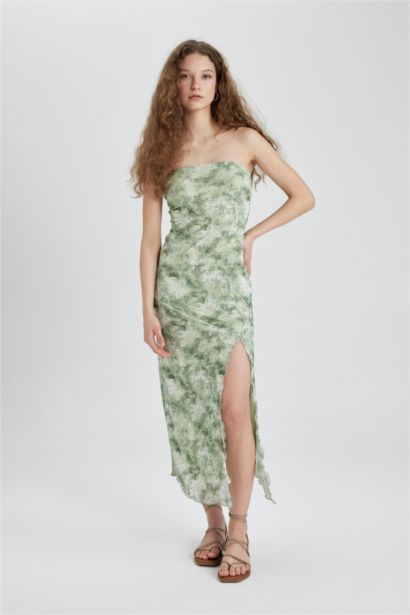 Robe Midi en Tulle à Motifs Sans Bretelles