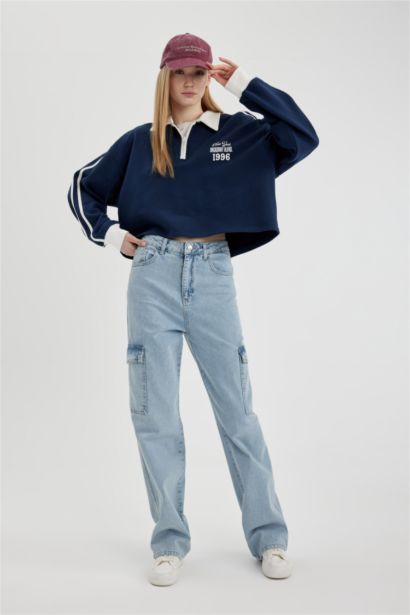 Fermuarlı Polo Yaka Baskılı Crop Sweatshirt