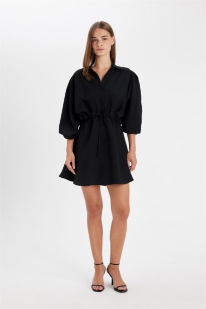 Shirt Collar Waist Gathered Lace Basic Mini Black Dress