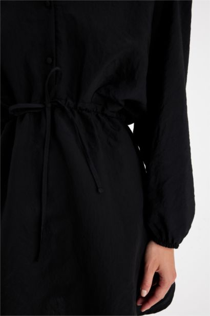 Shirt Collar Waist Gathered Lace Basic Mini Black Dress