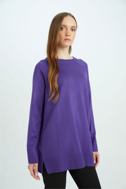 Regular Fit Bisiklet Yaka Basic Düz Triko Kazak Tunik