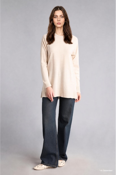Regular Fit Light Beige Knit Tunic Pullover