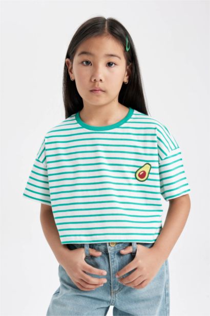 Girl Crew Neck Striped Short Sleeve T-Shirt
